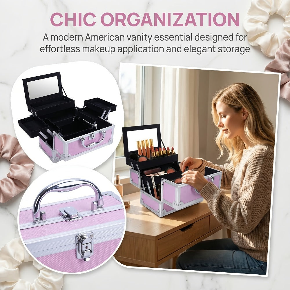 Aluminum Makeup Case - Train Case Jewelry Box Cosmetic Organizer with Mirror & Trays, Handheld Makeup Case with Handle