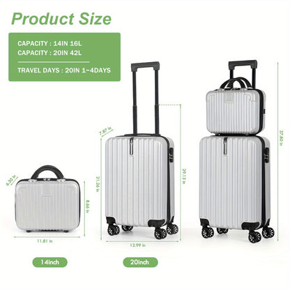 2pcs Hardside Luggage Set 20In Carry-On And 14In Bag, Spinner Wheels, TSA Approved Lock, Hooks, for Short Trips And Business Travel