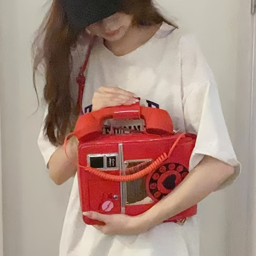 Creative And Stylish PU Glossy Chic Retro Telephone-Shaped Cross Body Bag For Women - Fashionable Simulated Body Bag, Irregular Bag, Shoulder Purse, Comb Bag, Available In Black, Red, Pink. A Perfect Birthday Gift For Your Best Friend Or Family