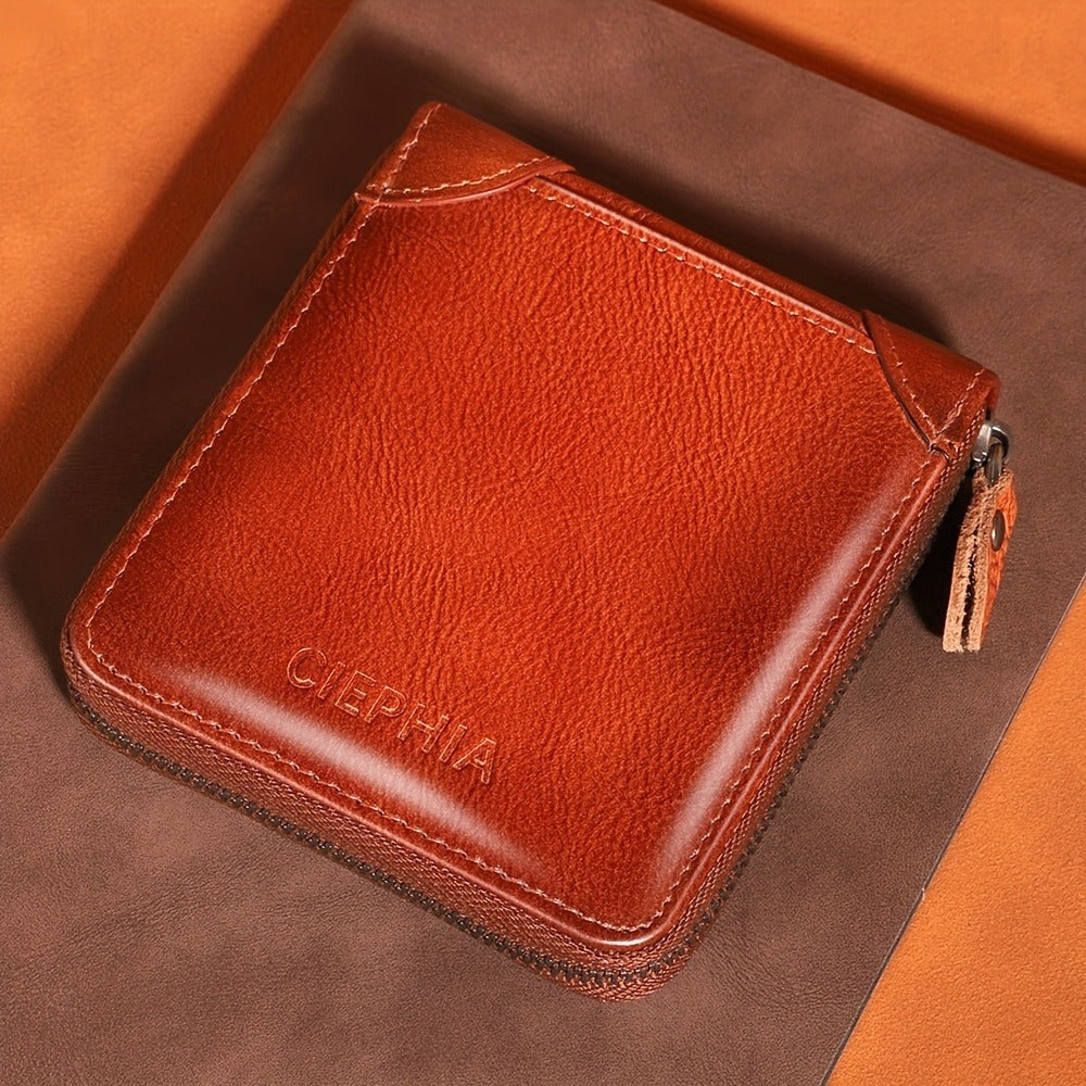 Men'S Genuine Leather Zipper Wallet RFID Secure Large Capacity Double Fold Multi-Card Top Layer Leather Wallets for Men And Coin Purse Christmas Father'S Day/Valentine'S Day/Anniversary Gift The Set Includes a Greeting Card