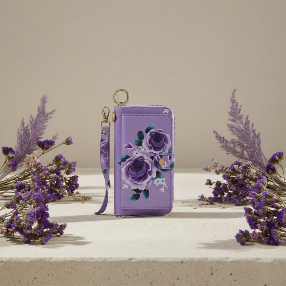 1 Random Floral Pattern Wallet (Purple Floral Design with Random Placement), Featuring Elegant Wristlet Design, Large Capacity Long Zipper Clutch, Multi-Card Slots Coin Purse, Women'S Multi-Functional Travel Wallet