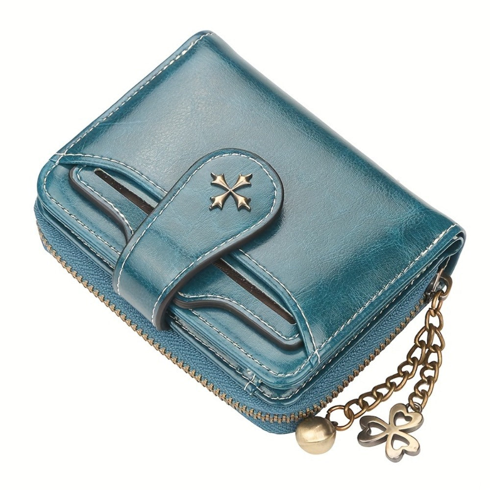 Women'S Compact Mini Wallet with Secure Hasp, Multiple Card Slots And Zipper Coin Pocket with Metal Chain And Detachable Card Holder