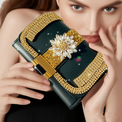 Handmade Luxury Vintage Women'S Wallet with Heavy Rhinestone Embellishment - Large Capacity Cash And Card Holder, Snap Closure, for Weddings, Parties, Everyday Use - Sparkling Rhinestone Treasure Chest Handbag Wallet