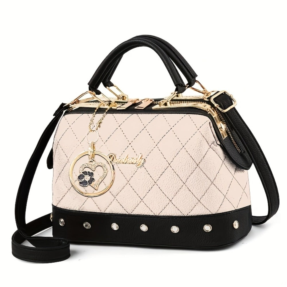 Black Quilted Boston Bag with Golden Hardware And Adjustable Shoulder Strap - Elegant Heart-shaped Rhinestone Ornament, Pattern Design And Stylish Rivet Details