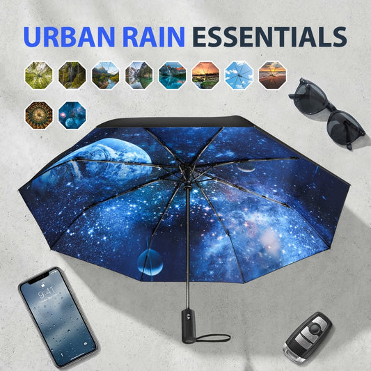 Portable And Sturdy Compact Umbrellas Designed to Withstand Rain And Wind, Featuring Automatic Opening, a Premium Handle, Vibrant Designs, And Foldable for Easy Travel, Making Them Ideal for Use in And While on The Move
