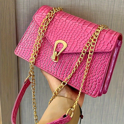 Stylish Handbag for Women Featuring a Metal Buckle Closure And a Chain for Crossbody Wear, Available in Rose Red with a Polyester Lining. Ideal for Both Everyday Use And Formal Events