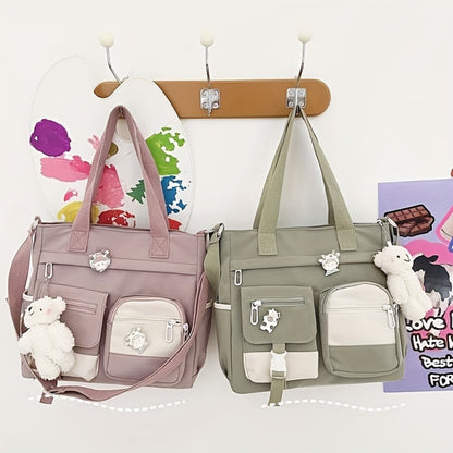 Artistic Girl Large Capacity Shoulder Bag, Versatile Student Contrast Color Messenger Bag, Portable Canvas Bag