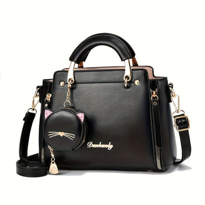 Fashion Ladies Top Handle Satchel Bags - Small Purses And Handbags For Women Teenage Girls - With Kitten Pendant -  Suitable for Everyday Use & Parties - Perfect Gift for Teenagers & Young Women