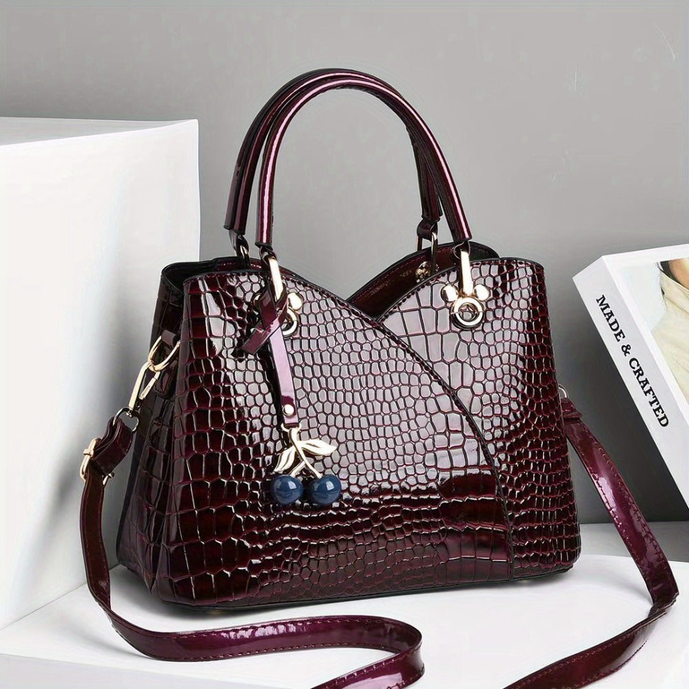 2022 Newest Trendy Women's Faux Crocodile-Texture Handbag with Cherry Pendant - Stylish Black and Red Shoulder and Crossbody Bag, Zip Closure, Polyester Lining, Edge Paint Detail, Crossbody Bag|Chic Shoulder Bag|Zippered Bag