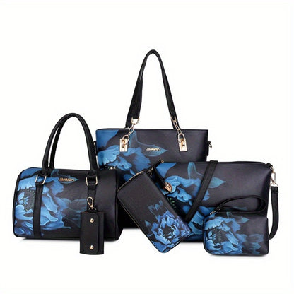 6pcs Women's Bag Set - Vintage Chinese Style Flower 6pcs Tote Bag Wallet Card Bag Crossbody Bag Shoulder Bag