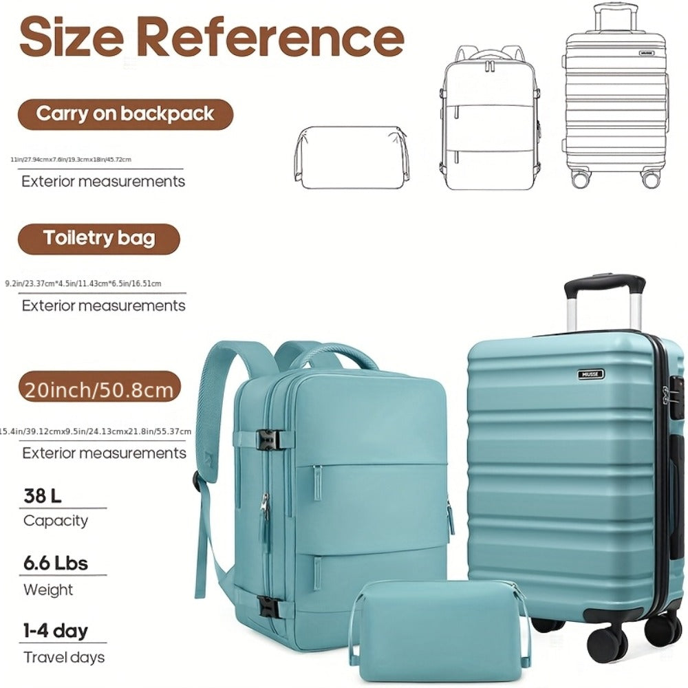 ABS Hard Shell Luggage Set, Including A 20-inch Expandable Backpack Carry-on Luggage (the Luggage Is Not Expandable), Equipped With YKK Zipper Design And TSA Customs Lock, With A Total Of 3pcs, Specially Crafted For Travel And Business Trips.