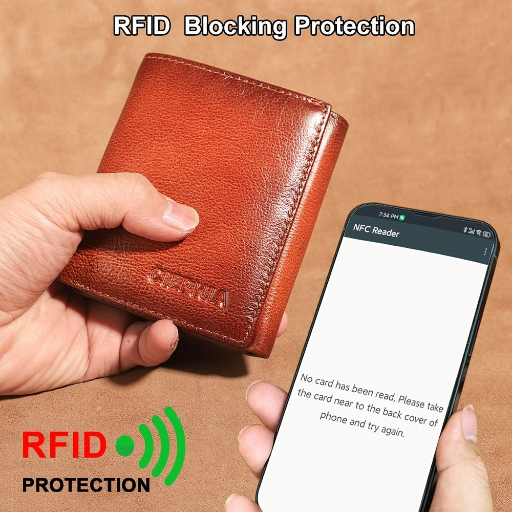 Men's Top-Grain Cowhide Wallet with 3 ID Windows Display, RFID Blocking Protection Vintage Wallets for Man Multi Functional Credit Card Holder Money Clips Perfect Holiday Gift for Him