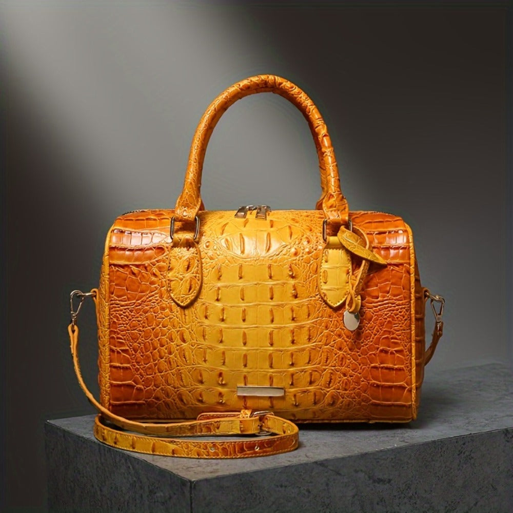 Gradient Crocodile Embossed Boston Bag for Women, Vintage Glossy Synthetic Leather Barrel Handbag with Detachable Crossbody Strap, Luxury Top Handle Shoulder Purse, Large Capacity Daily Commute Handbags