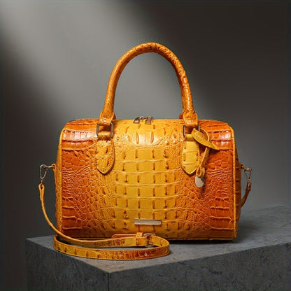 Gradient Crocodile Embossed Boston Bag for Women, Vintage Glossy Synthetic Leather Barrel Handbag with Detachable Crossbody Strap, Luxury Top Handle Shoulder Purse, Large Capacity Daily Commute Handbags