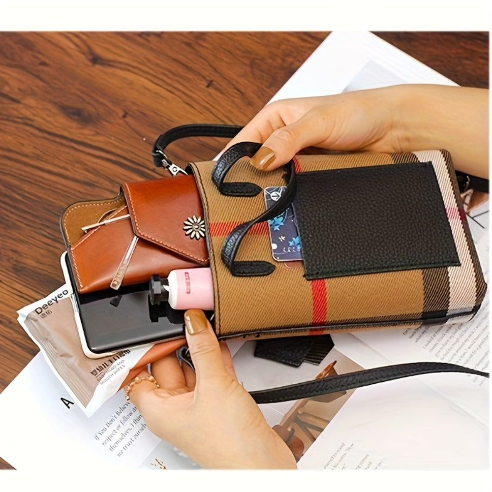 Vintage Mini Women'S Slant Back Mobile Phone Pouch, Lightweight Plaid Handheld Shoulder Crossbody Purse, Stylish Plaid Design for Phone And Keys