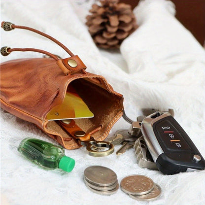 1pc Genuine Leather Coin Bag | Drawstring Closure, Mixed Color, Punk Style, Ideal for Valentine'S Day Gift, Suitable for Men And Women
