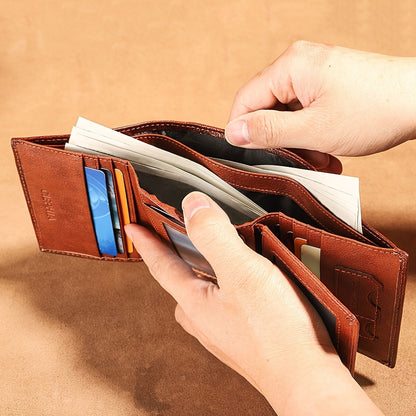 Men's Top-Grain Cowhide Wallet with 3 ID Windows Display, RFID Blocking Protection Vintage Wallets for Man Multi Functional Credit Card Holder Money Clips Perfect Holiday Gift for Him