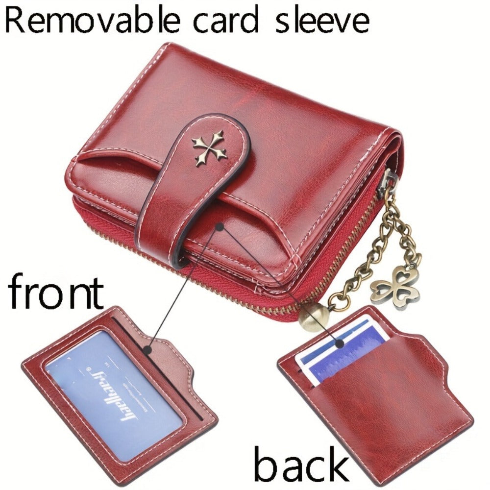 Women'S Compact Mini Wallet with Secure Hasp, Multiple Card Slots And Zipper Coin Pocket with Metal Chain And Detachable Card Holder