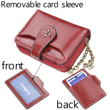 Women'S Compact Mini Wallet with Secure Hasp, Multiple Card Slots And Zipper Coin Pocket with Metal Chain And Detachable Card Holder