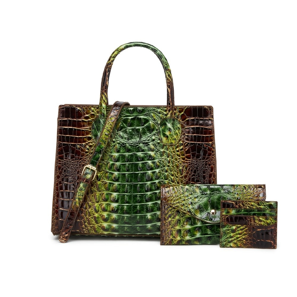 3pcs Colorful Crocodile Pattern Bag Set, Gradient Color Handbag, Women Tote Bag with Clutch Wallet And Credit Card Holder Coin Purse