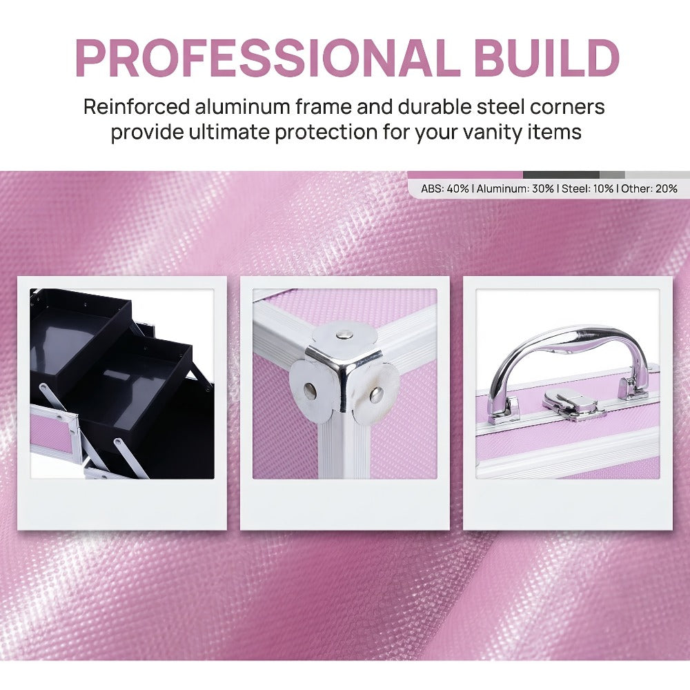 Aluminum Makeup Case - Train Case Jewelry Box Cosmetic Organizer with Mirror & Trays, Handheld Makeup Case with Handle