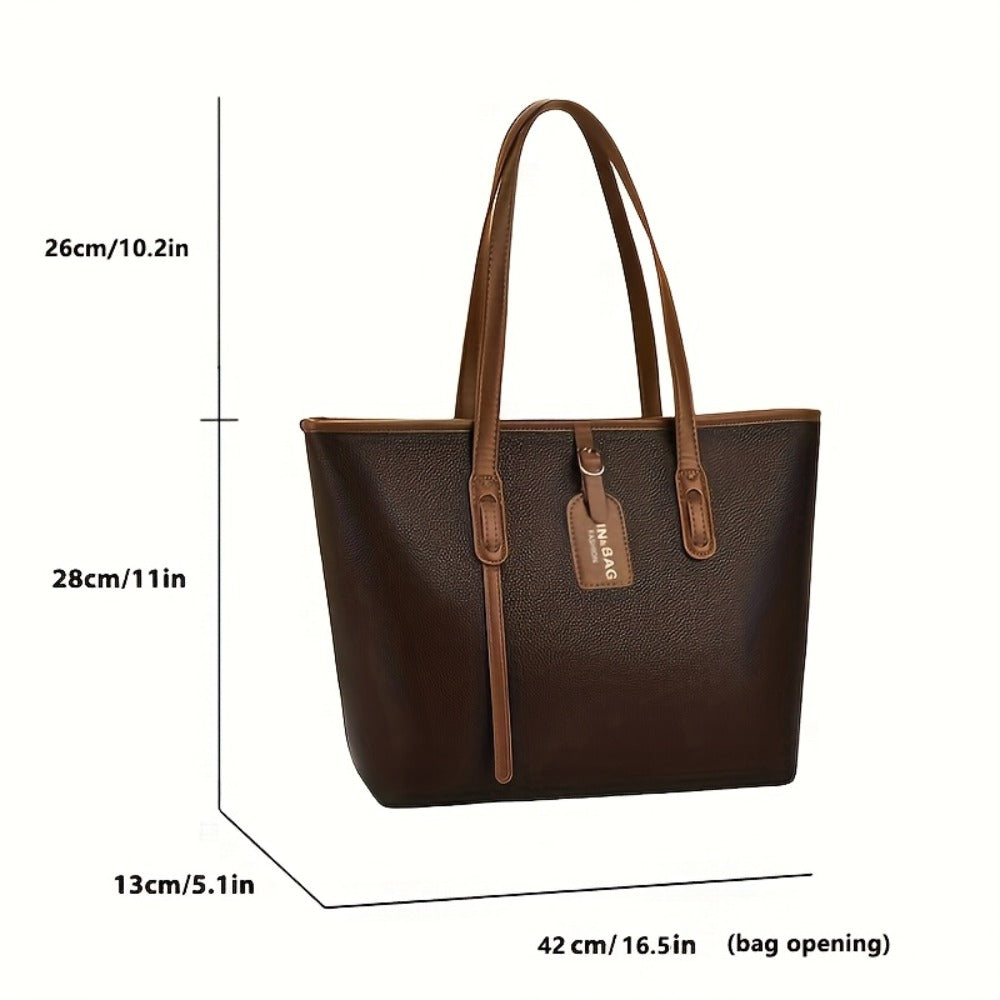 Women's Minimalist Large Capacity Tote Bag - Black with Brown Accents, Durable & Zipper Closure, Sturdy Fixed Shoulder Straps for Office, Commute, Work & Casual Use