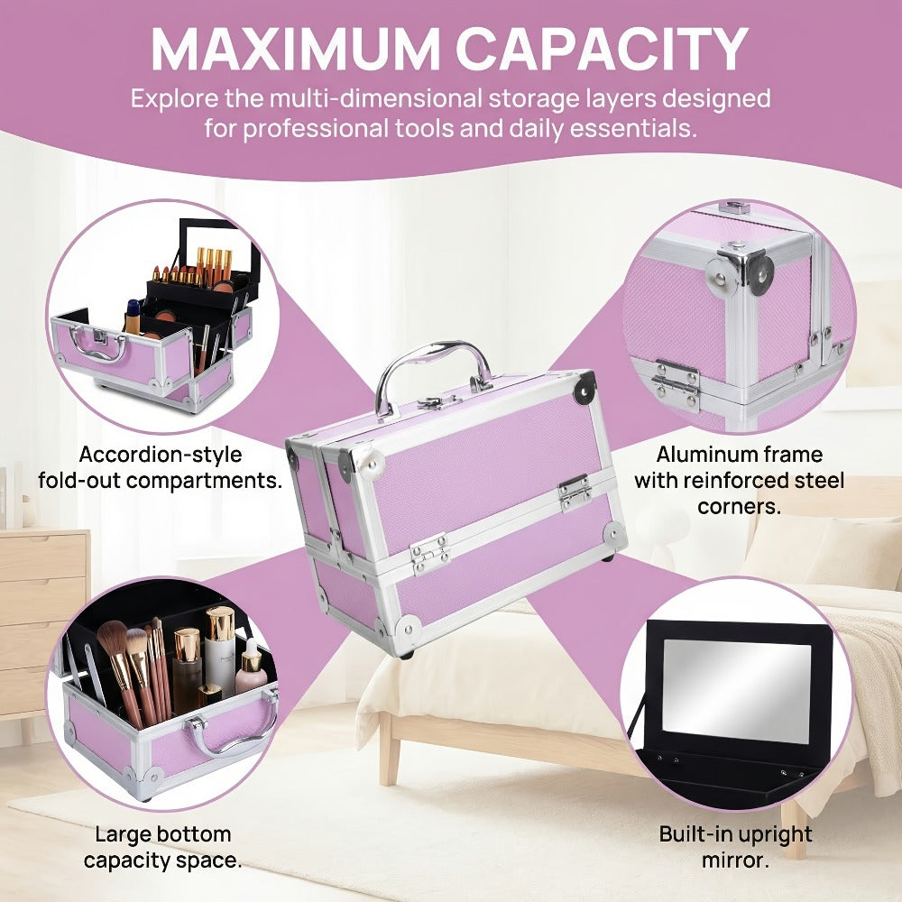 Aluminum Makeup Case - Train Case Jewelry Box Cosmetic Organizer with Mirror & Trays, Handheld Makeup Case with Handle