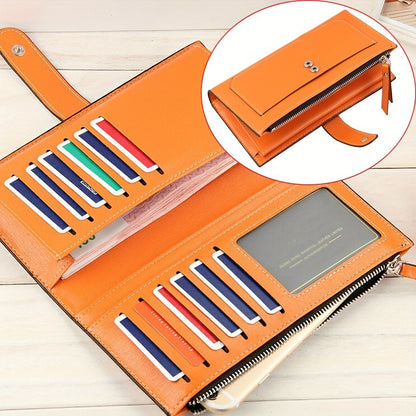Women's Long Clutch Wallet, Retro Style Long Coin Purse, Foldable PU Leather Credit Card Holder With Zipper And Snap Closure