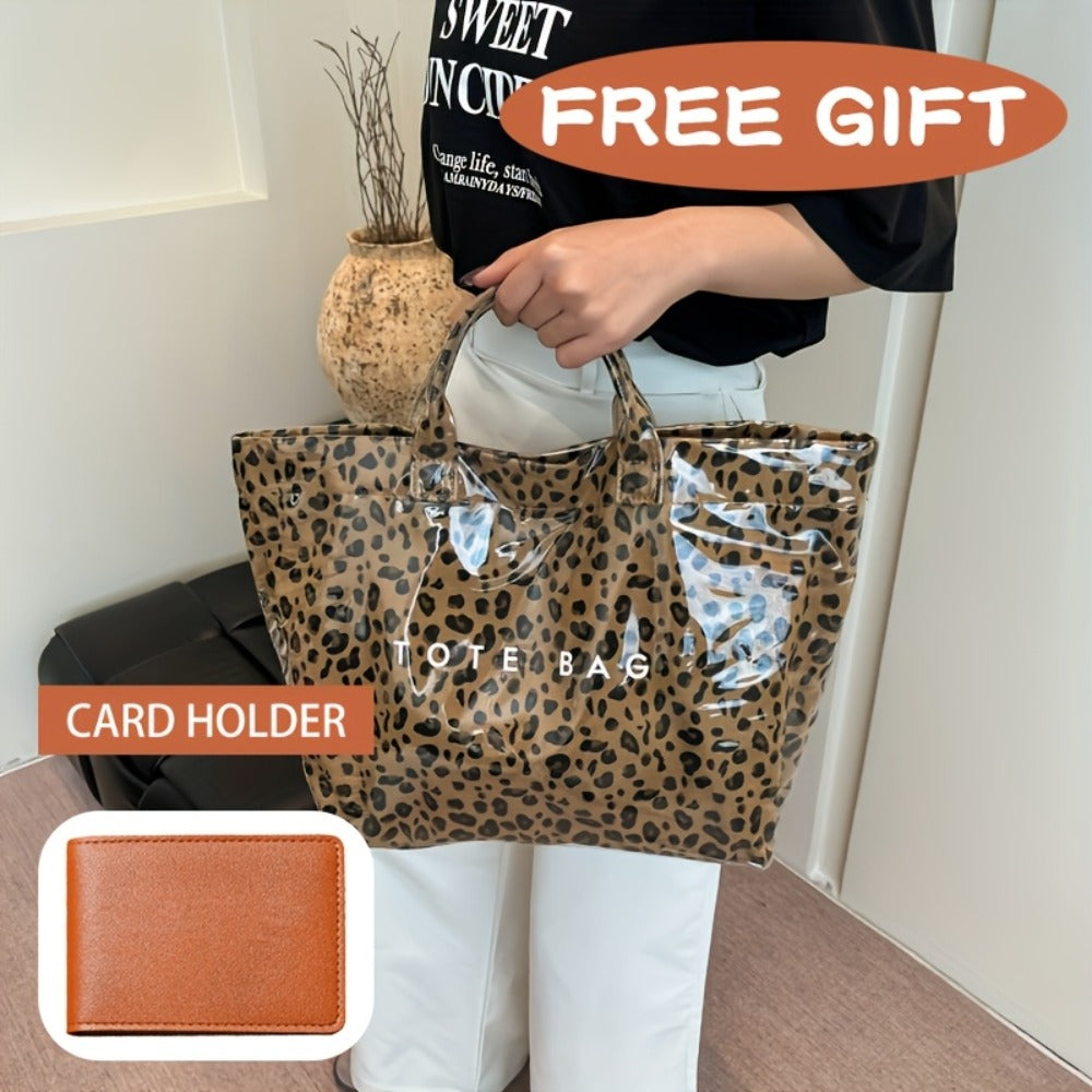 Fashion High-end Texture Large Capacity Leopard Print Tote Bag, PU Open Tote Bag Storage Bag, Niche Design Versatile Tote Bag