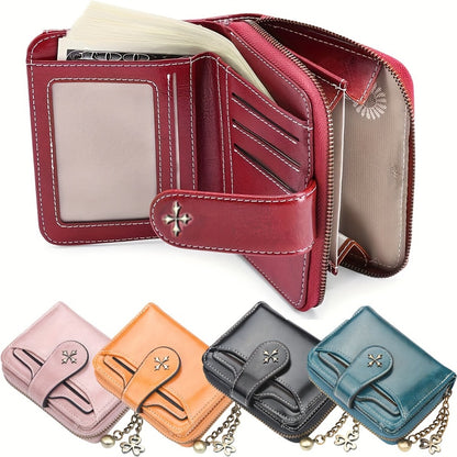 Women'S Compact Mini Wallet with Secure Hasp, Multiple Card Slots And Zipper Coin Pocket with Metal Chain And Detachable Card Holder