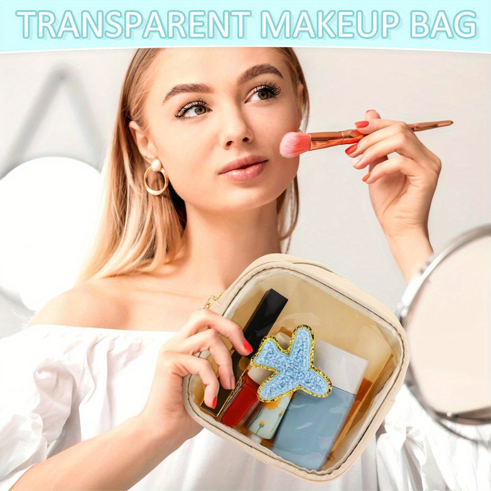 6pcs Preppy Makeup Bag for Women, Travel Toiletry Cosmetic Pouch with Chenille Letter, Nylon R High Quality Zipper Organizer In Light Beige - Bridesmaid Gift, Wedding Day, Bachelorette Party Favor, DIY Storage Visual Transparency Bag