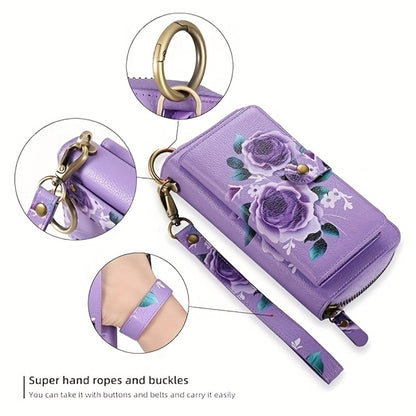 1 Stylish Purple Floral Faux Leather Zipper Wallet – Large Capacity Handbag with Phone Compartment, Multiple Card Slots & Coin Purse Design, Elegant Rose Pattern, Delicate Texture – Perfect Gift for Teens