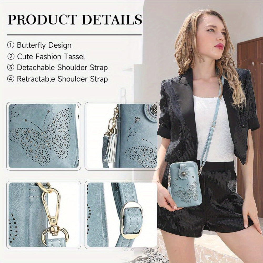 Small Crossbody Bags For Women | Lightweight Mini Cute Cell Phone Purse With Tassel Shining Butterfly, Zipper Closure, Lining, Animal Print For Mom Gift Essential