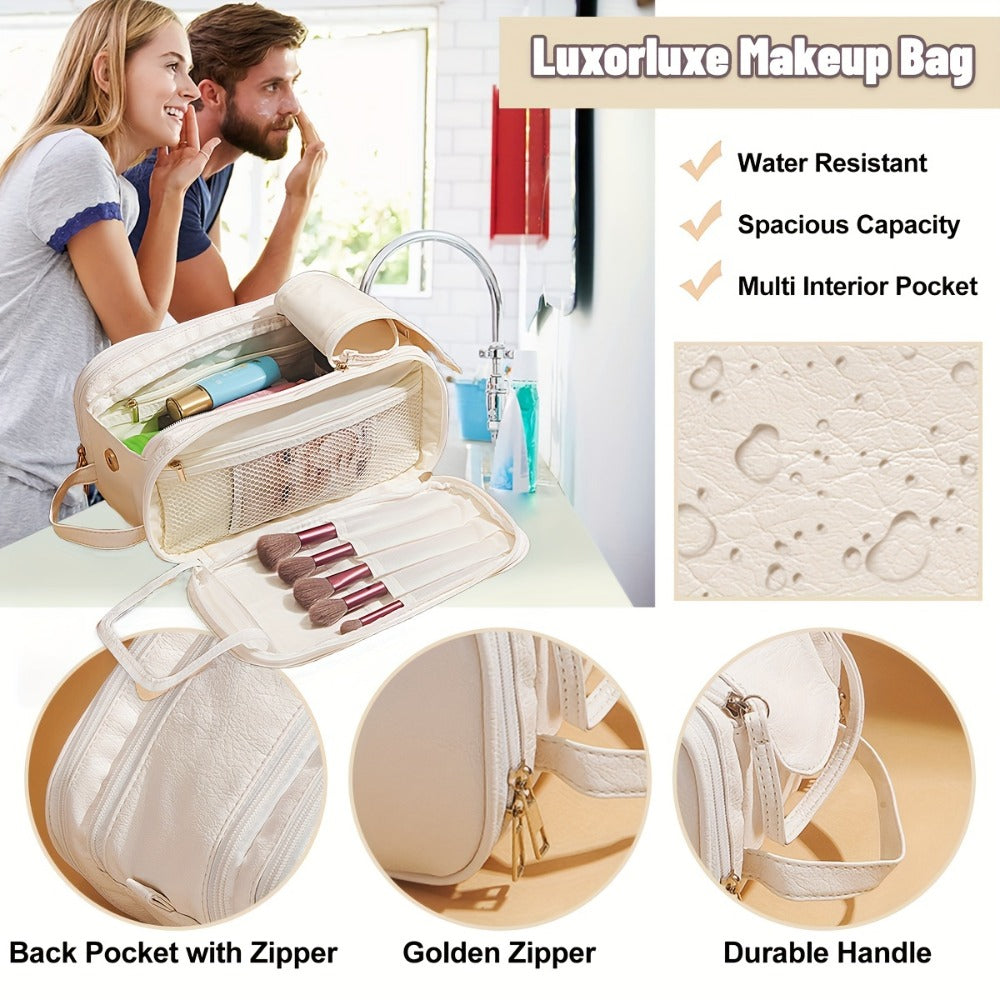 [Large Cosmetic Bag] Card Holder + Makeup Bag Women's Large Capacity High Quality Cosmetic Bag - Tri-Fold Travel Makeup Multiple Zippered Pockets & Wrist Strap for Brushes, Toiletries, Storage, Toiletry Bag | Large Cosmetic Bag