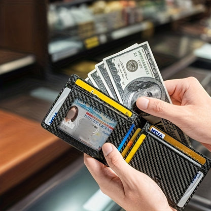 1pc Men's Ultra-thin Wallet, Simple Rfid Barrier Bifold Credit Card Holder Carbon Fiber Fabric, with Elegant Gift Box.