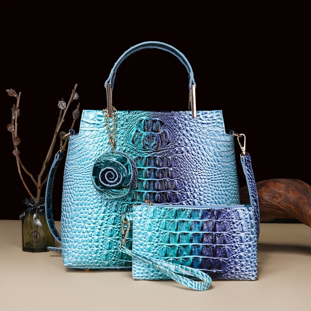 Women'S 2pcs Handbag Set Featuring Crocodile Design, Chic Faux Leather Tote Accompanied by a Coordinating Clutch And Wallet, Retro Style Crossbody Bag