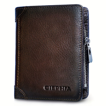 RFID Blocking Bifold Genuine Leather Wallets for Men with Zipper Coin Pouch, Top Layer Cowhide Vintage Multi Function Card Holder Wallet with 2 ID Windows