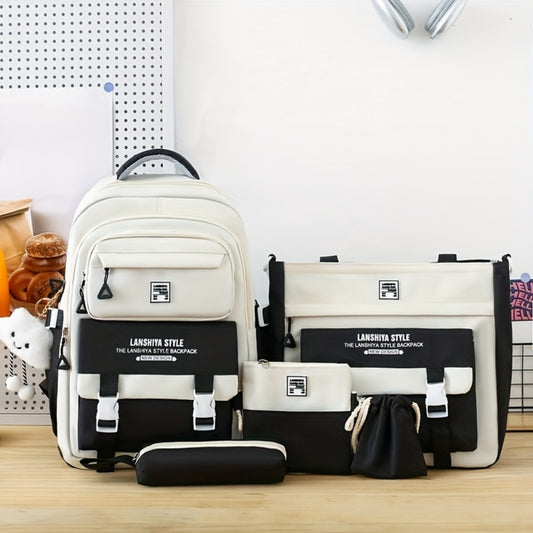 A Set of 5 Solid Color Backpacks, Featuring a Spacious Backpack, a Simple Handbag And Coin Purse, a Casual Crossbody Bag, a Pencil Case Handbag, And a Lightweight Student Backpack Set, Perfect for Students Returning to School., for Teenager