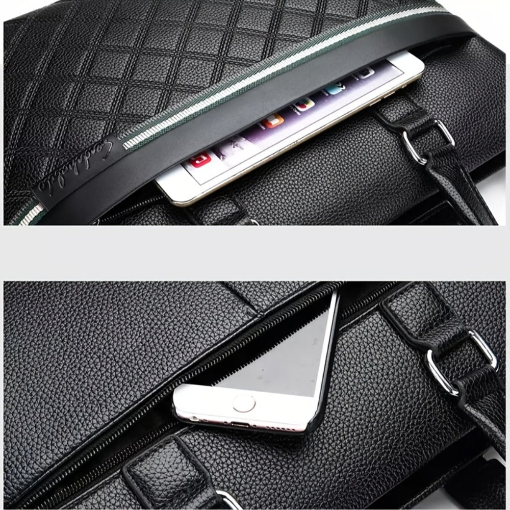 Men's Black Synthetic Leather Business Briefcase Laptop Computer Bag with Tablet & Notebook Compartment, Large Capacity Travel Commuter Bag Suitable for 13-14" Laptops, Nylon & Adjustable Strap