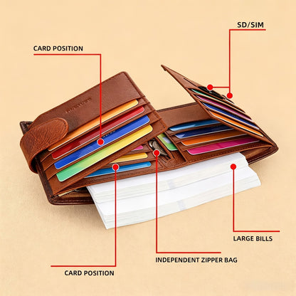 [Father's Day Valentine's Day] Men's High-Quality Genuine Leather Wallet Cowhide Card Holder 19 Card Slots, Can Store Credit Cards and Coins Fashionable and Practical Father's Day, Valentine's Day Gift
