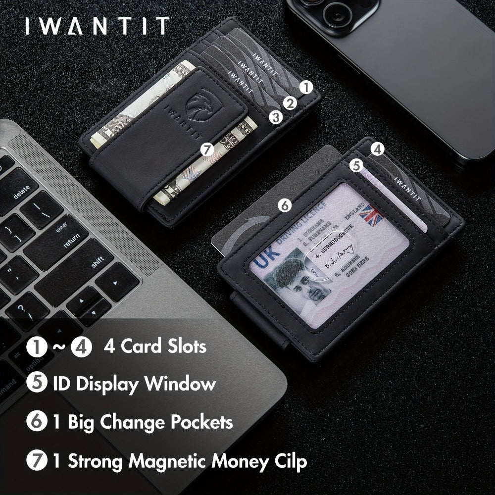 [Genuine Leather Card Holder] Ultra-Thin RFID Anti-Theft Credit Card Holder, Genuine Leather Front Pocket Wallet, With Id Card Window, Ultra-Thin Minimalist Men's Card Holder