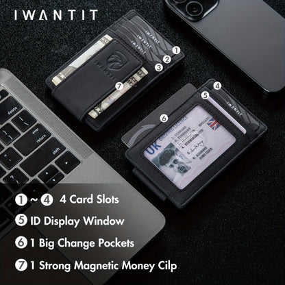 [Genuine Leather Card Holder] Ultra-Thin RFID Anti-Theft Credit Card Holder, Genuine Leather Front Pocket Wallet, With Id Card Window, Ultra-Thin Minimalist Men's Card Holder