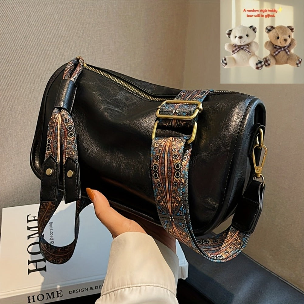 Bohemia Graphic Pattern Zipper Crossbody Bag, Ethnic Style Stylish Shoulder Bag with Wide Strap, A Random Bear Pendant, Large Capacity Daily Purse for Best Birthday Gifts
