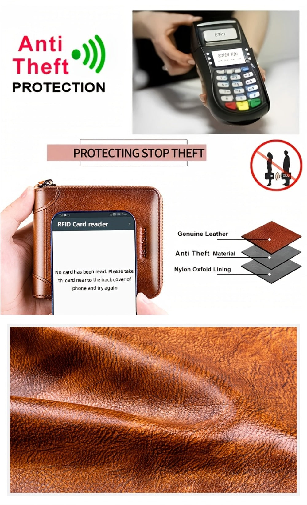BANYANU Retro Men's Leather Zipper Wallet RFID Large Capacity Folding Multi Card Head Layer Leather Wallet Can Put Coins Wallet Father's Day Valentine's Day Gift 8 Card Slots