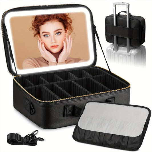 [Travel Parties Business Trips] Large Size Travel Makeup Bag With LED Mirror; Featuring Rechargeable Three-Color Lighting Mirror, Adjustable Divider Brush Plate, Long Straps And Luggage Strap, Suitable For Travel, Parties, Business Trips And Other Occasio