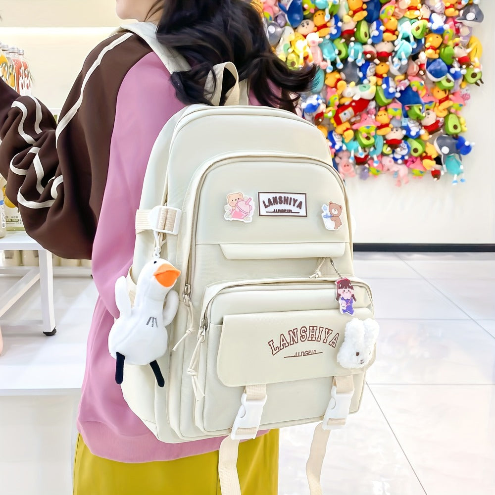 5pcs Solid Color Backpack Set in Material, Large Capacity Double-Shoulder Bag, Easy Tote, Pencil Bag, Casual Crossbody, Lightweight Student Backpack Set with Ducky Charm, 3 Badges, And Rabbit Charm, Position Print, Cute Style, for School Use