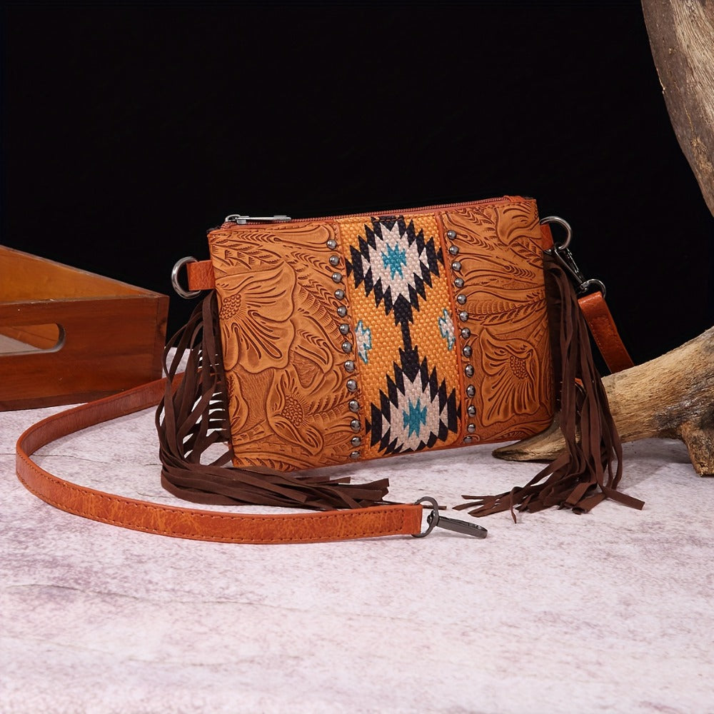 Western Fringe Crossbody Bag Purse for Women Shoulder Bag - PU & Woven Tassel Small Handbag for Shopping, Travel, Work, Dating Brown