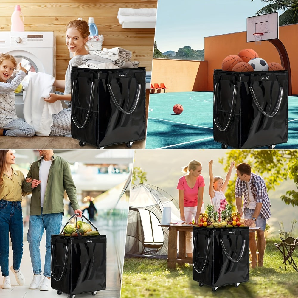 Outdoor Luggage, Tote Bag with Wheels, Foldable Shopping Cart, Zipper Closure, Medium Size in Black, Golden, and Silvery