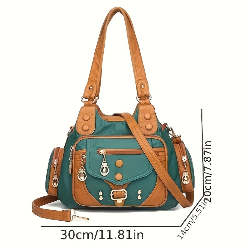 Stylish Tote Bag, Retro Women'S Shoulder Purse, Trendy Handbag, Adjustable Strap Bag, Timeless Zipper And Stud Detail Bag, Versatile Wallet, Various Style Wallet