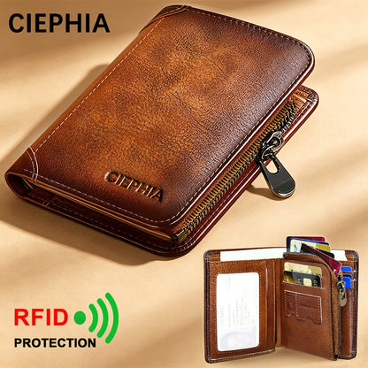 RFID Blocking Bifold Genuine Leather Wallets for Men with Zipper Coin Pouch, Top Layer Cowhide Vintage Multi Function Card Holder Wallet with 2 ID Windows
